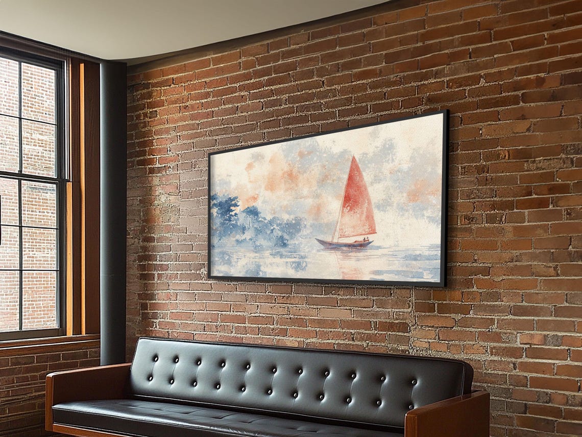Sailboat With Red Sail On Calm Water Soft Watercolor Nautical Painting - Image 6