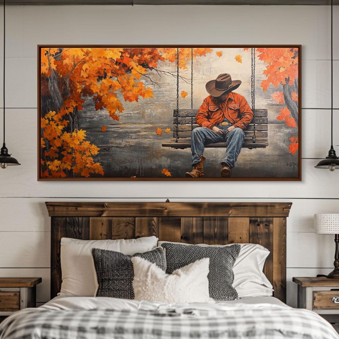 Cowboy Resting On A Porch Swing Beneath Autumn Trees Art Print