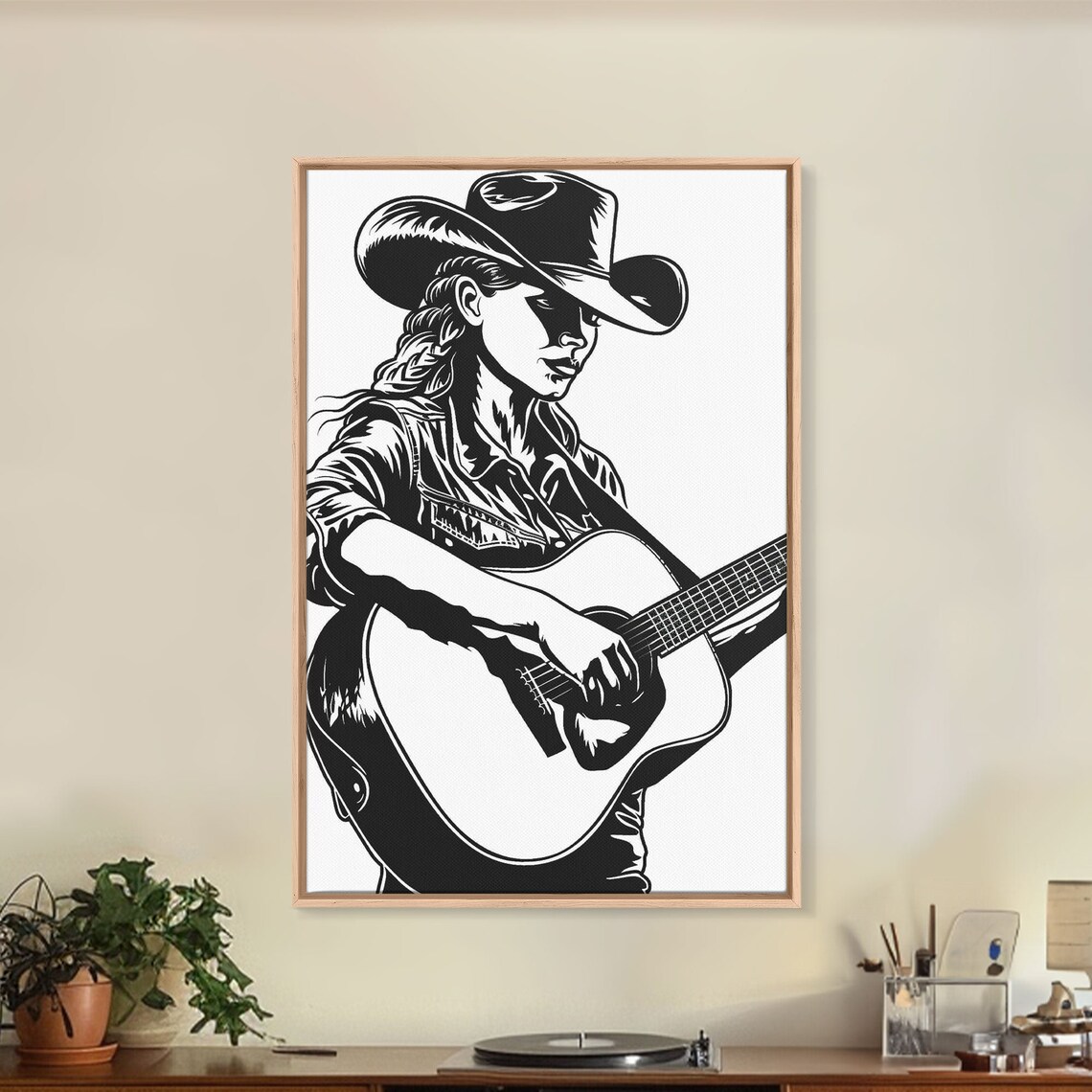 Cowgirl Playing Guitar Black White Bold Country Music Art Poster - Image 3