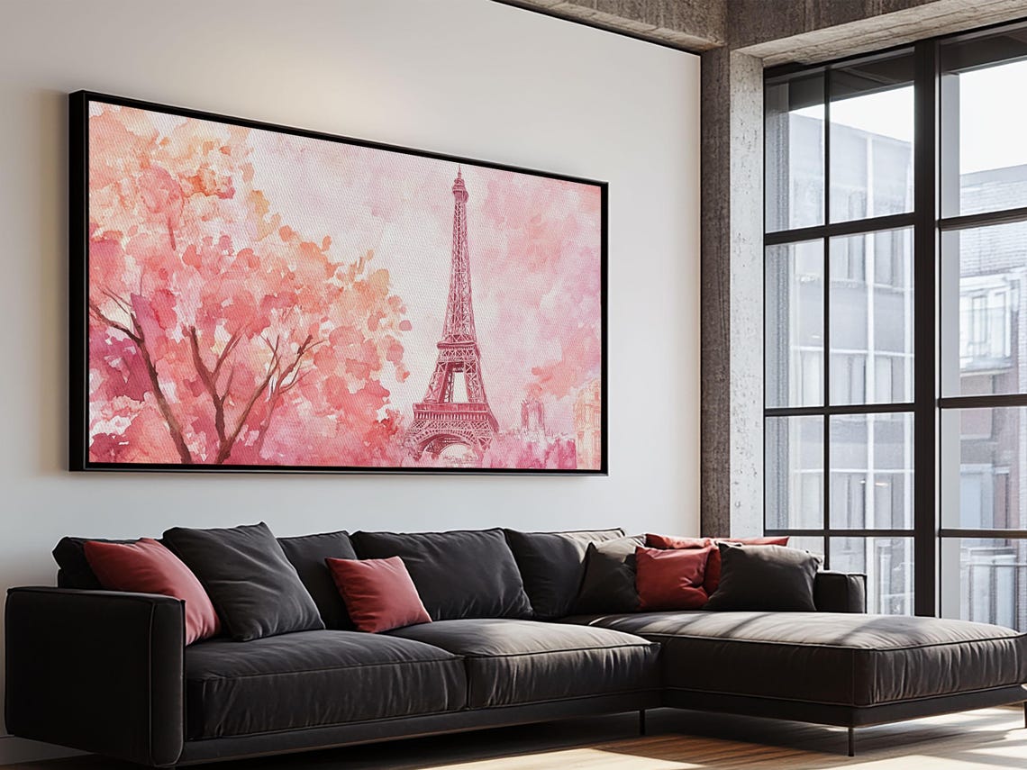 Eiffel Tower Pink Cherry Blossom Watercolor Paris Romantic View Poster