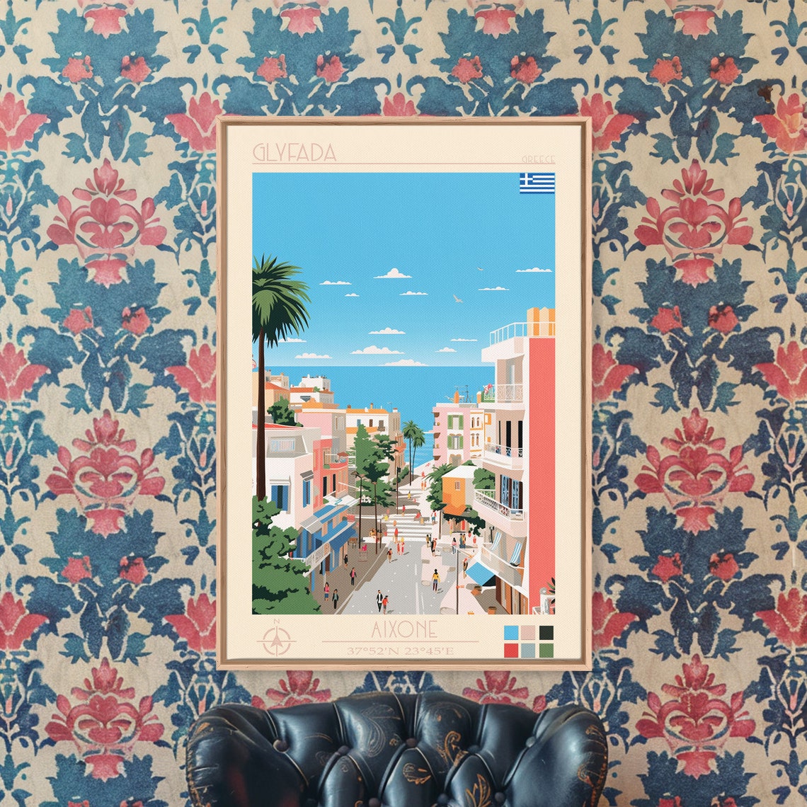 Glyfada Greece Coastal Street Palm Trees Blue Sea View Poster