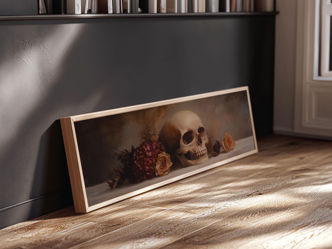 Skull And Flowers Still Life Panoramic Painting Moody Gothic Roses Poster - Image 3