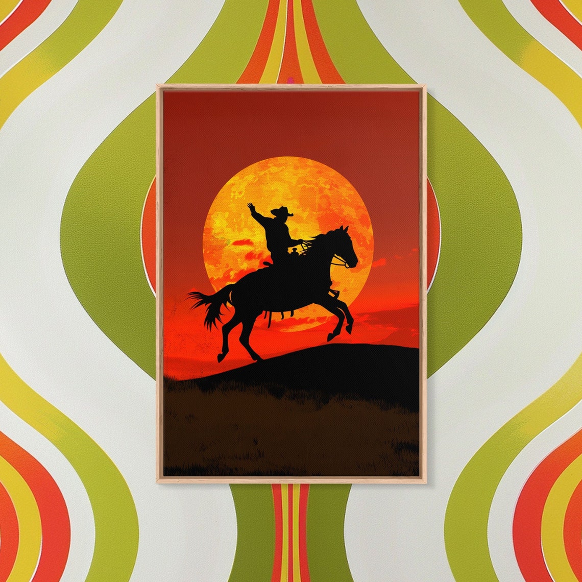 Cowboy Silhouette Galloping Horse Giant Orange Moon Wall Art - Image 3