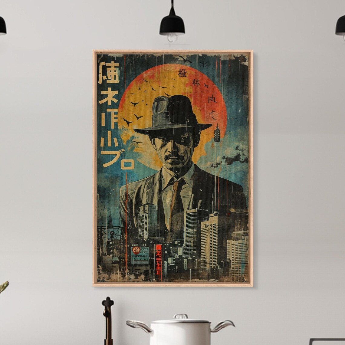 Japanese Noir Detective Fedora Red Sun Tokyo Skyline Vintage Poster - Image 5