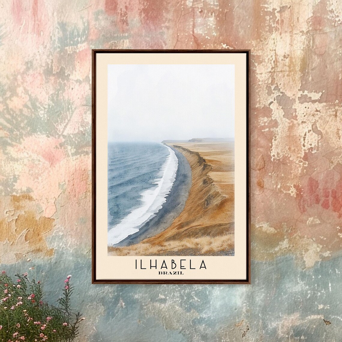 Ilhabela Brazil Long Curving Beach Misty Ochre Cliffs Watercolor Art Poster - Image 4
