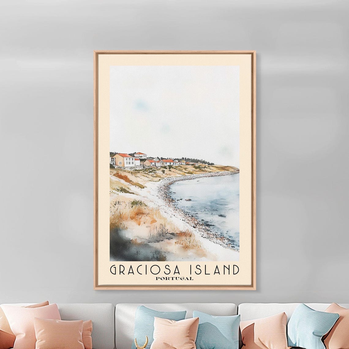 Graciosa Island Portugal Quiet Bay Red Roof Village Watercolor Poster - Image 3