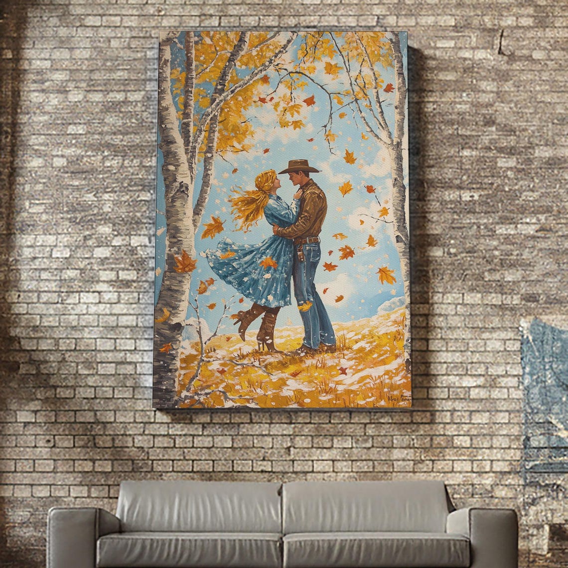 Cowboy Couple Embracing Autumn Birch Trees Falling Leaves Poster - Image 4