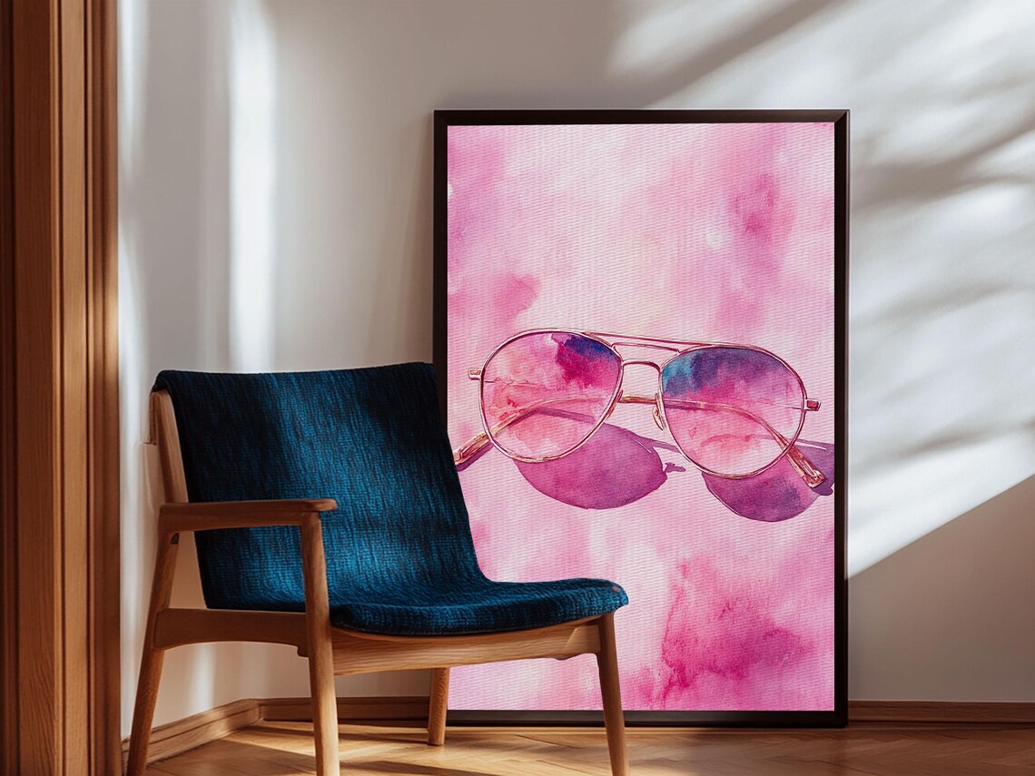 Pink Aviator Sunglasses Watercolor Summer Retro Fashion Wall Art Print - Image 6