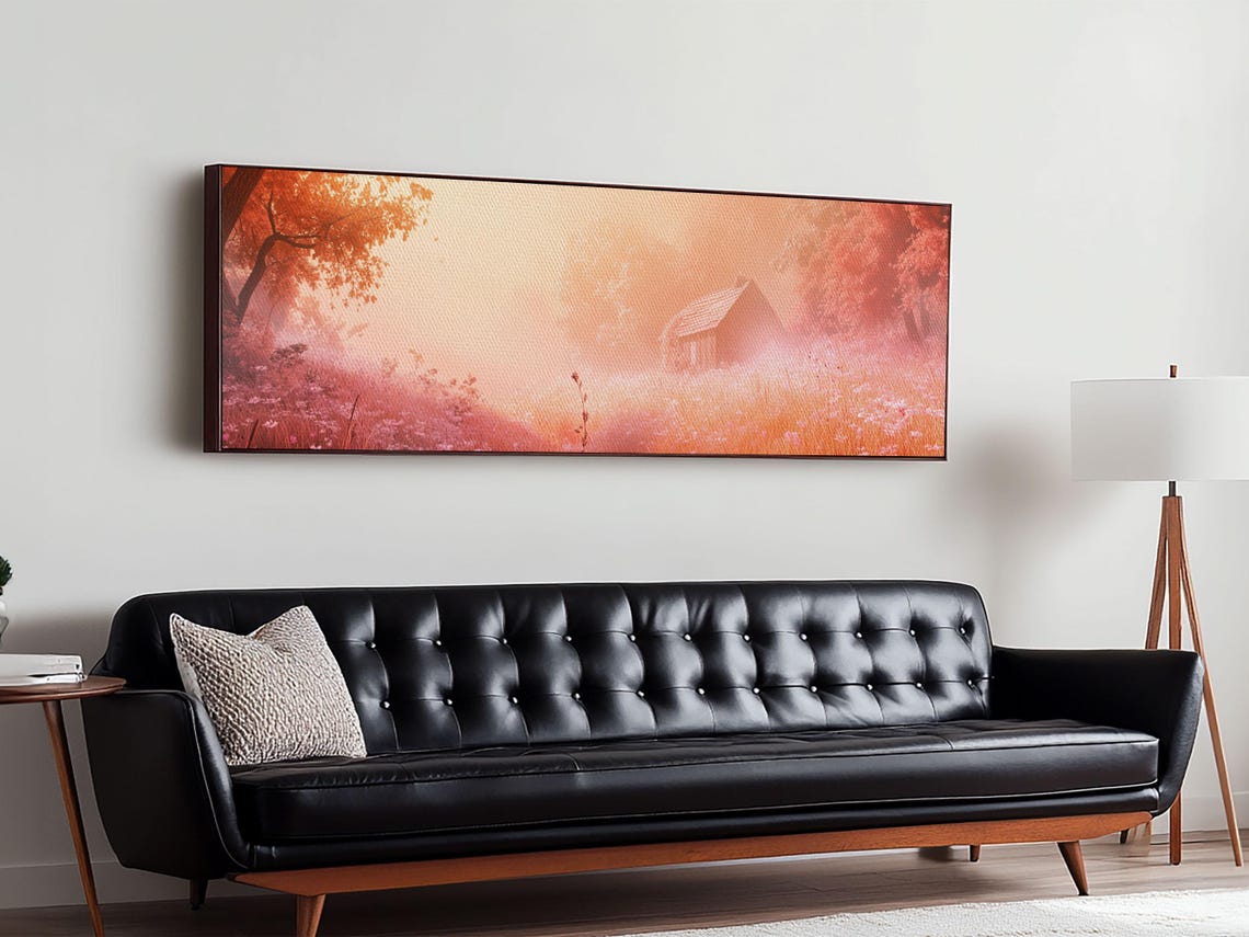 Misty Pink Cabin Autumn Forest Landscape Dreamy Cozy Wall Art - Image 4