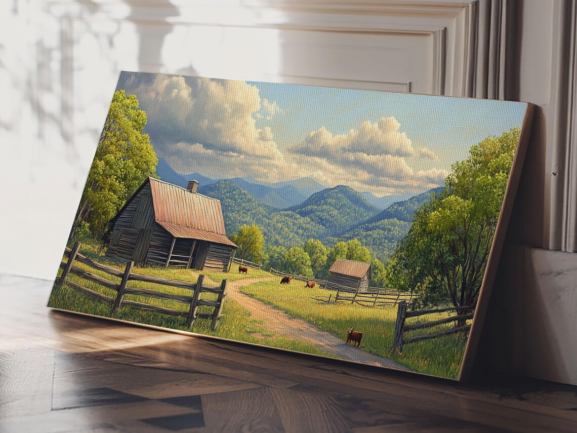 Mountain Farm Homestead Barn Green Valley Cattle Landscape Art Print - Image 5