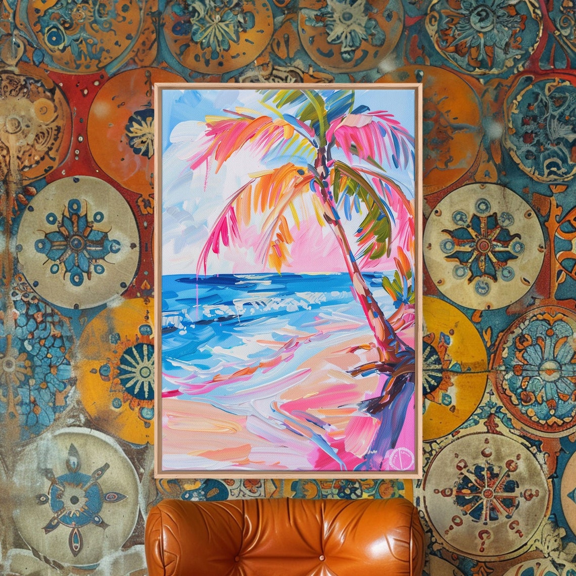 Colorful Palm Tree On Pink Beach Turquoise Waves Travel Poster