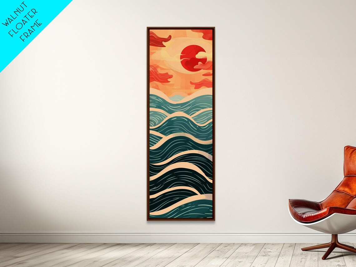 Red Sun Over Layered Teal Ocean Waves Japanese Seigaiha Style Tall Poster - Image 6