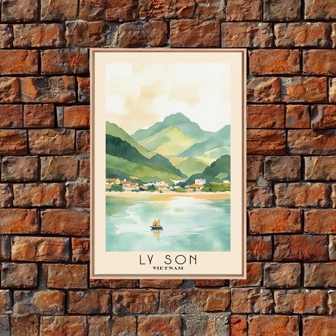 Ly Son Vietnam Sailboat Bay Green Mountain Village Watercolor Poster - Image 6