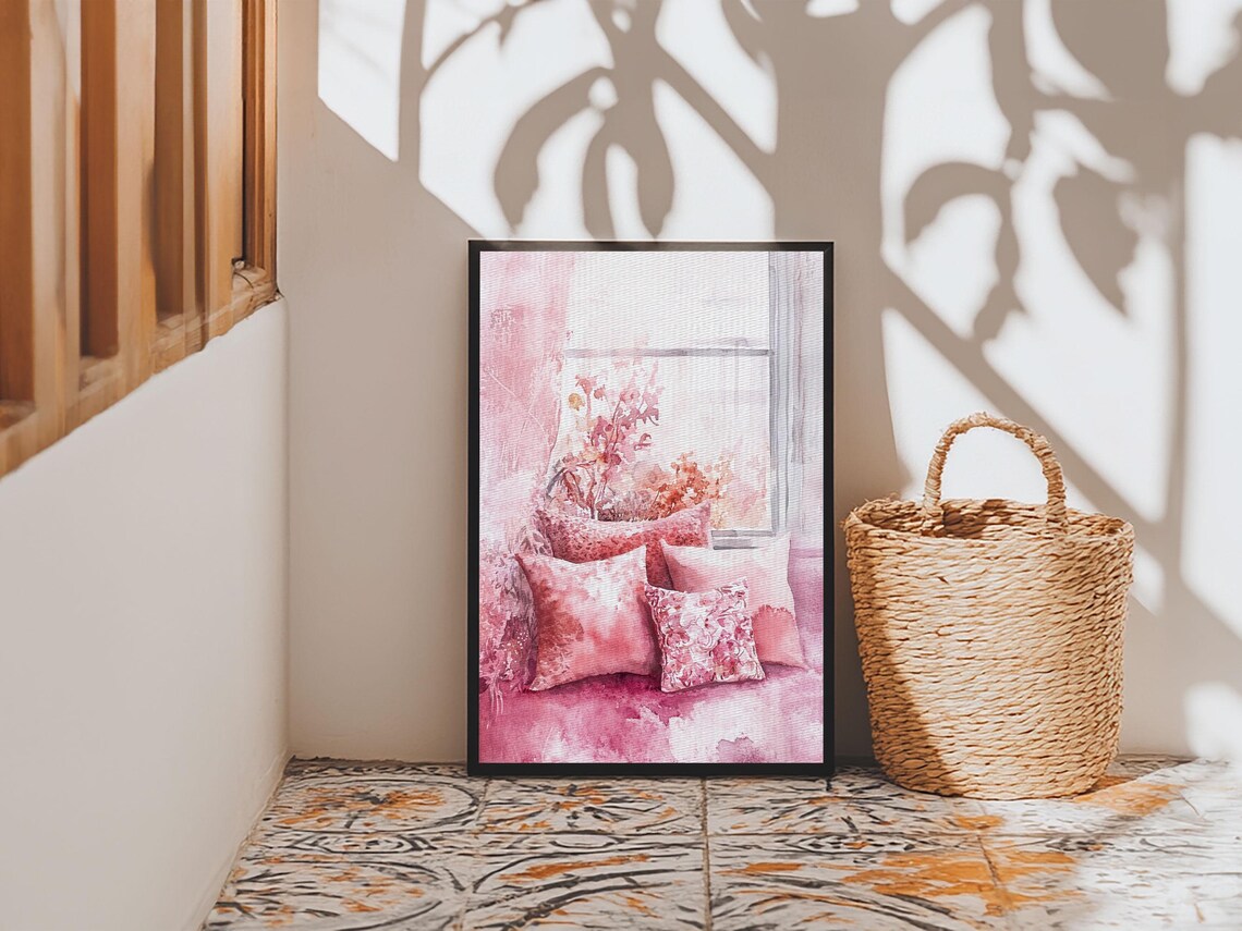 Cozy Pink Window Seat With Floral Pillows Watercolor Wall Art Print - Image 5