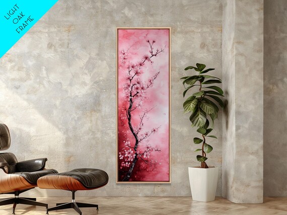 Cherry Blossom Tree Framed Print Cherry Blossom Painting Long Narrow Wall Art Light Pink Wall Art Cottagecore Wall Art