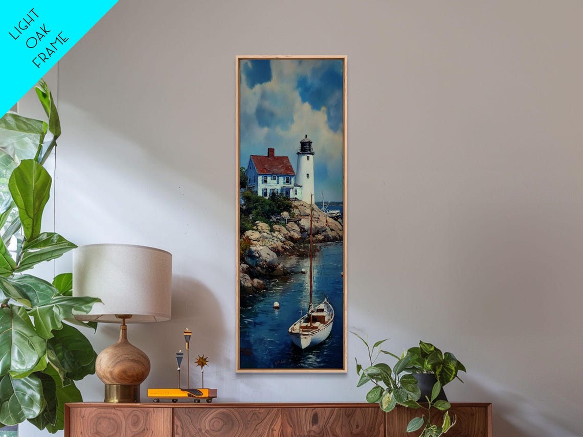 Lighthouse on Rocky Point Sailboat Harbor Blue Seascape Wall Art - Image 4