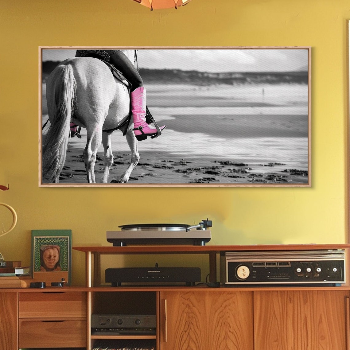 Pink Cowboy Boot On White Horse Beach Ride Selective Color Print - Image 5