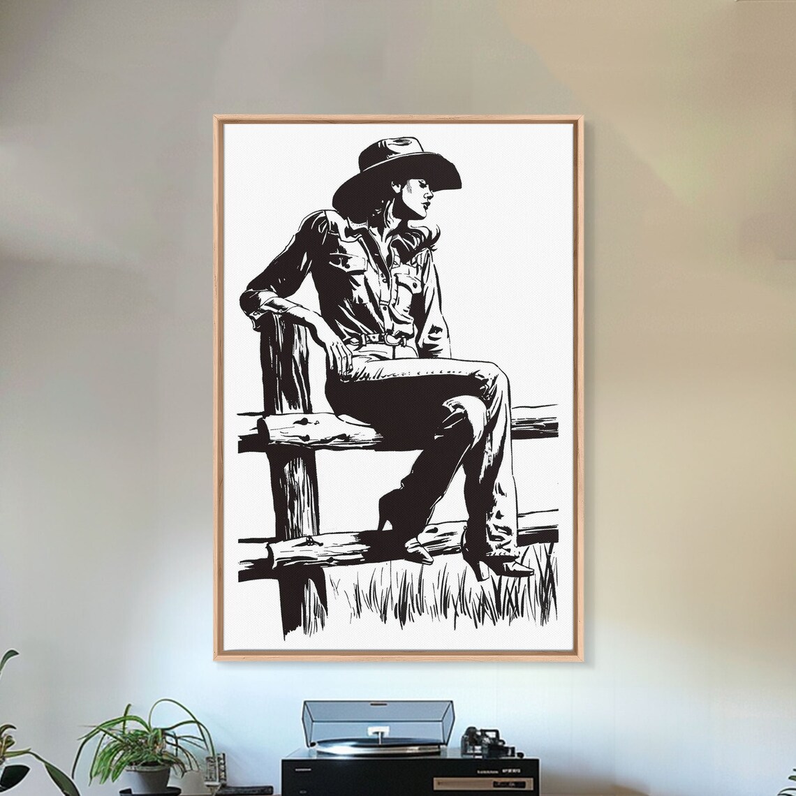 Cowgirl Fence Black White Silhouette Line Art Western Style Wall Print - Image 2