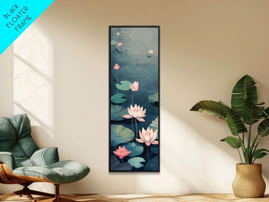 Pink Water Lilies Floating On Dark Still Pond Japanese Style Wall Art - Image 4
