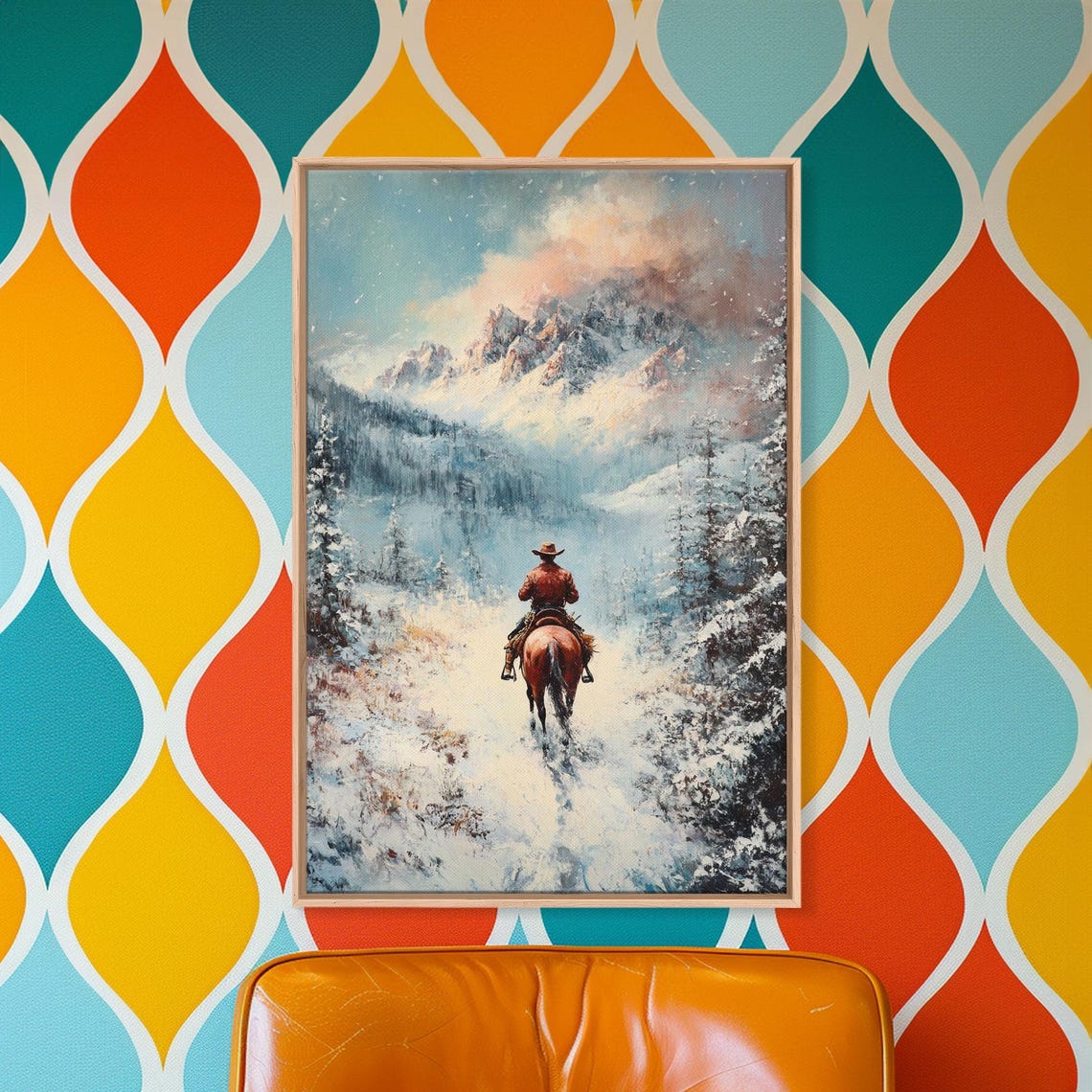 Cowboy Riding Through Misty Snowy Valley Pine Forest Winter Poster - Image 4