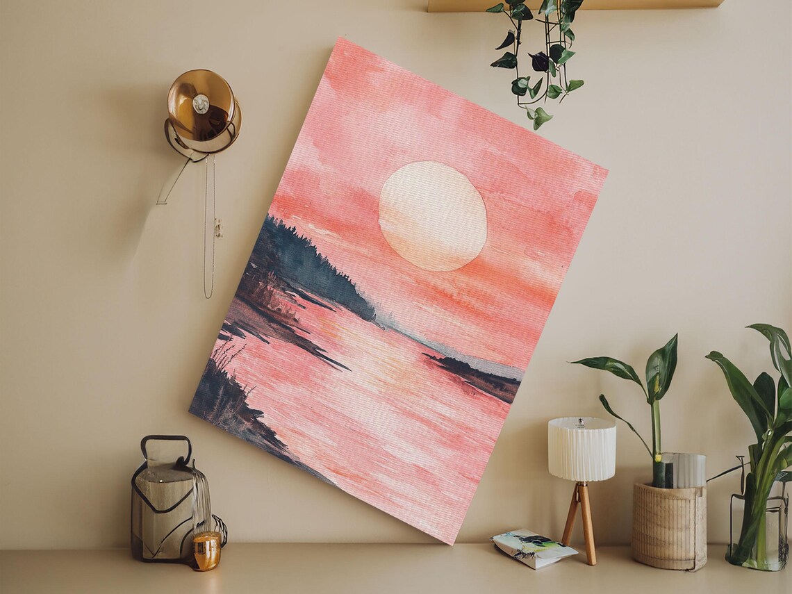 Pink Sunset Lake Watercolor Golden Sun Serene Landscape Art Poster - Image 3
