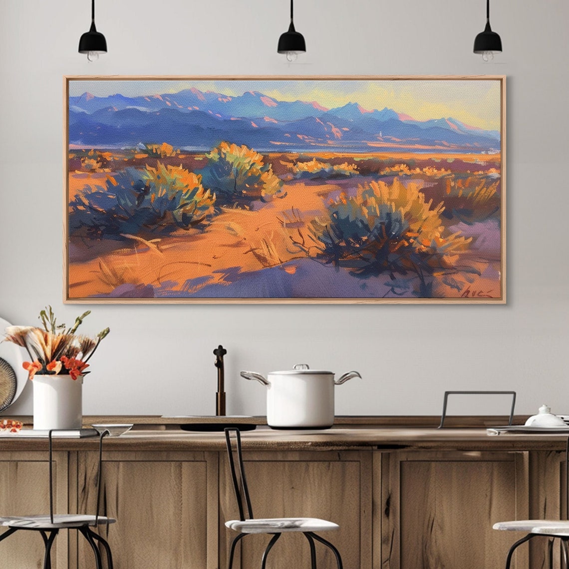 Golden Desert Dunes Sagebrush Blue Mountain Sunset Painting Poster - Image 5