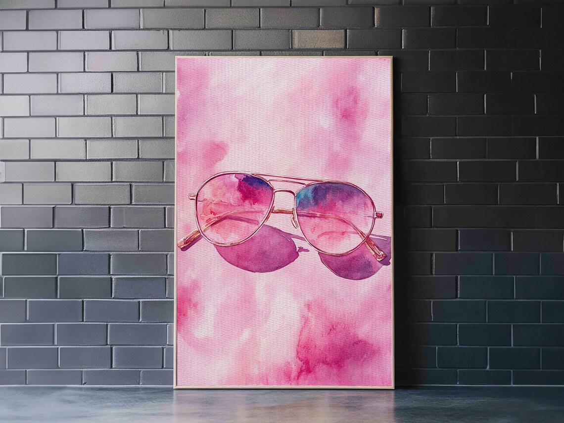 Pink Aviator Sunglasses Watercolor Summer Retro Fashion Wall Art Print - Image 4