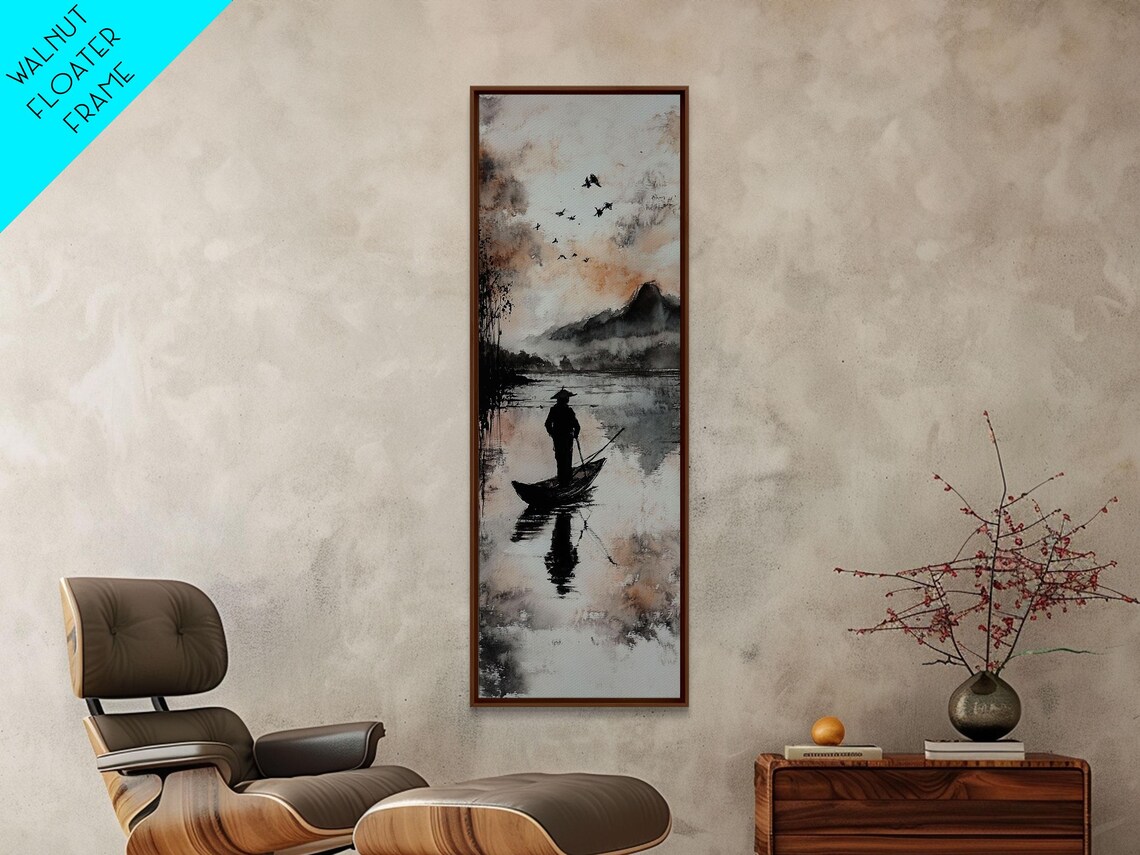 Misty Lake Fisherman in Boat Ink Wash Mountains Birds Wall Art - Image 4