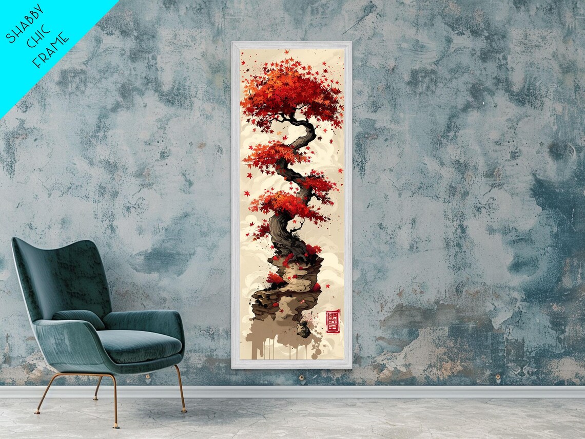 Vibrant Red Maple Tree With Twisting Branches On A Beige Background Ukiyo E Art Japanese Framed Print Skinny Tall Art - Image 2