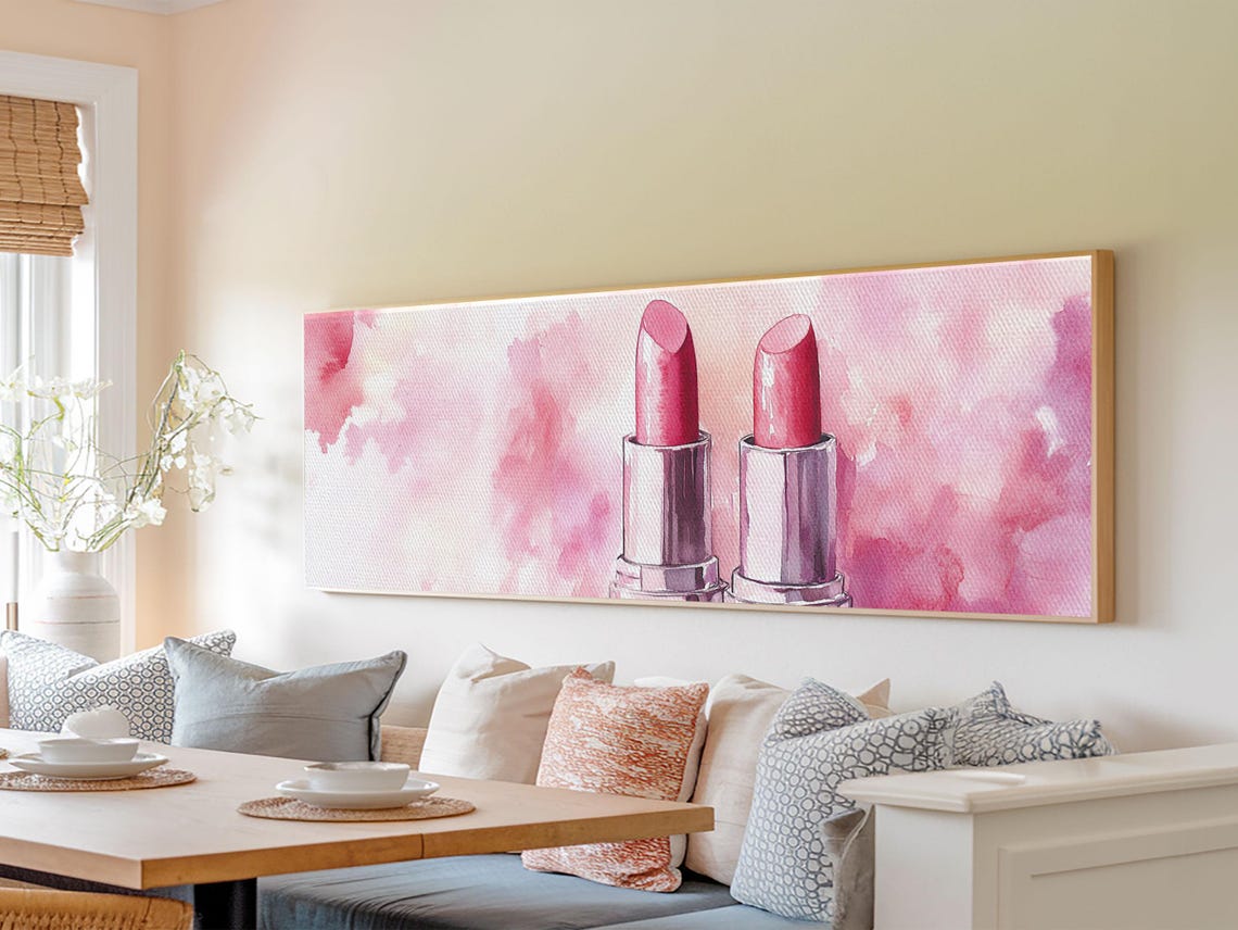 Pink Lipstick Pair Watercolor Makeup Glam Vanity Beauty Room Wall Art - Image 3