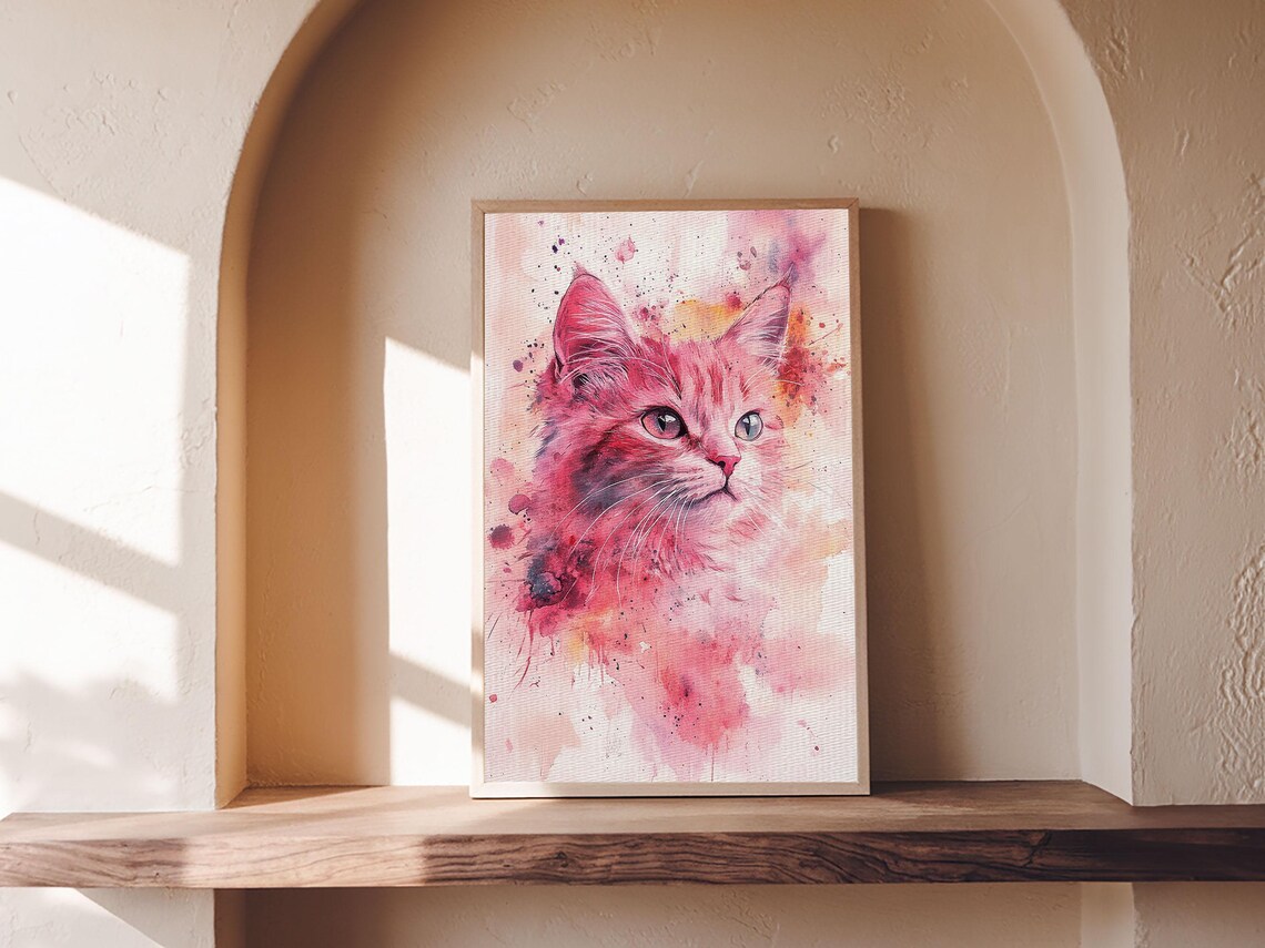 Pink Cat Portrait Watercolor Whimsical Feline Bedroom Wall Art Poster - Image 5