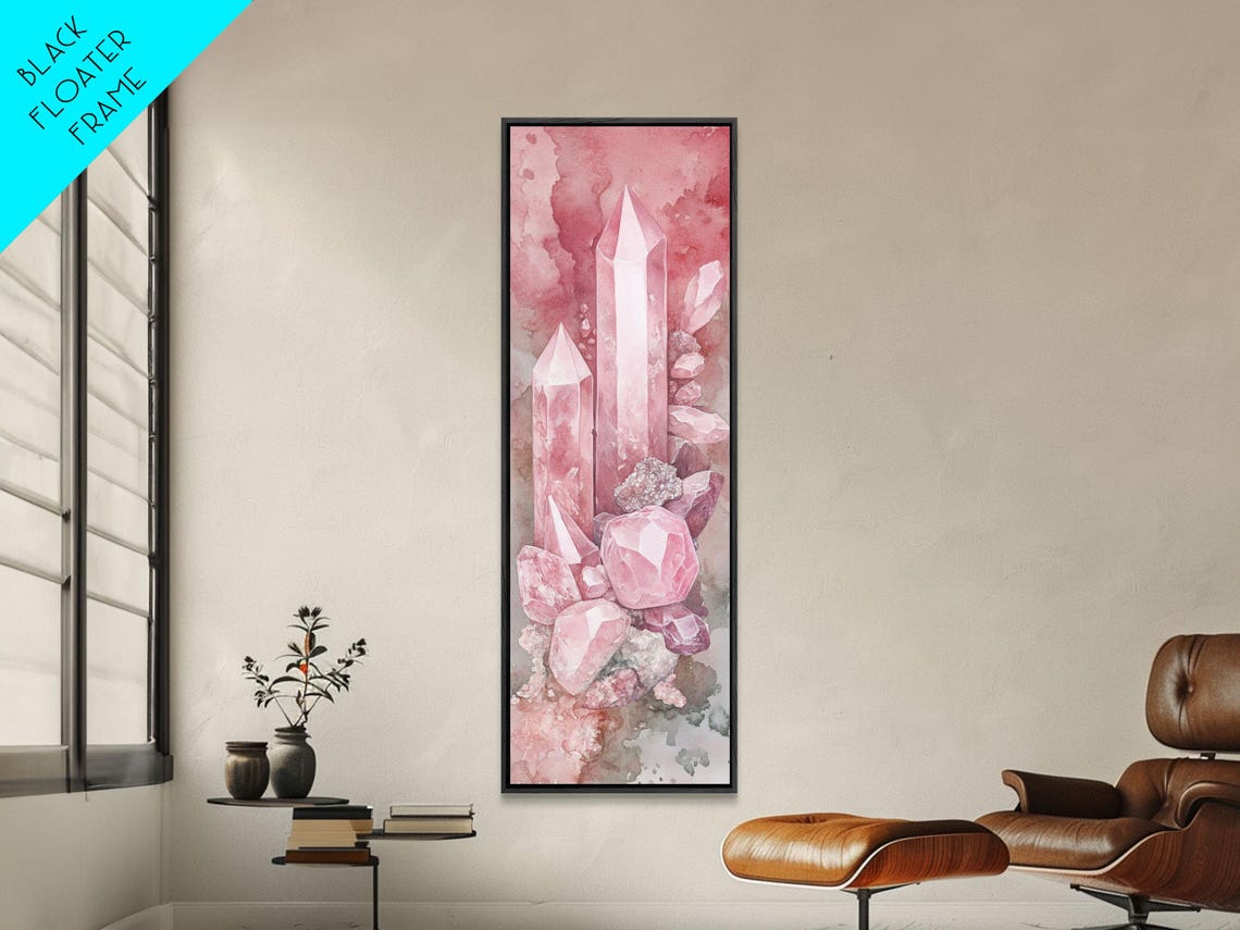 Rose Quartz Crystal Cluster Watercolor Vertical Moody Healing Wall Art - Image 5