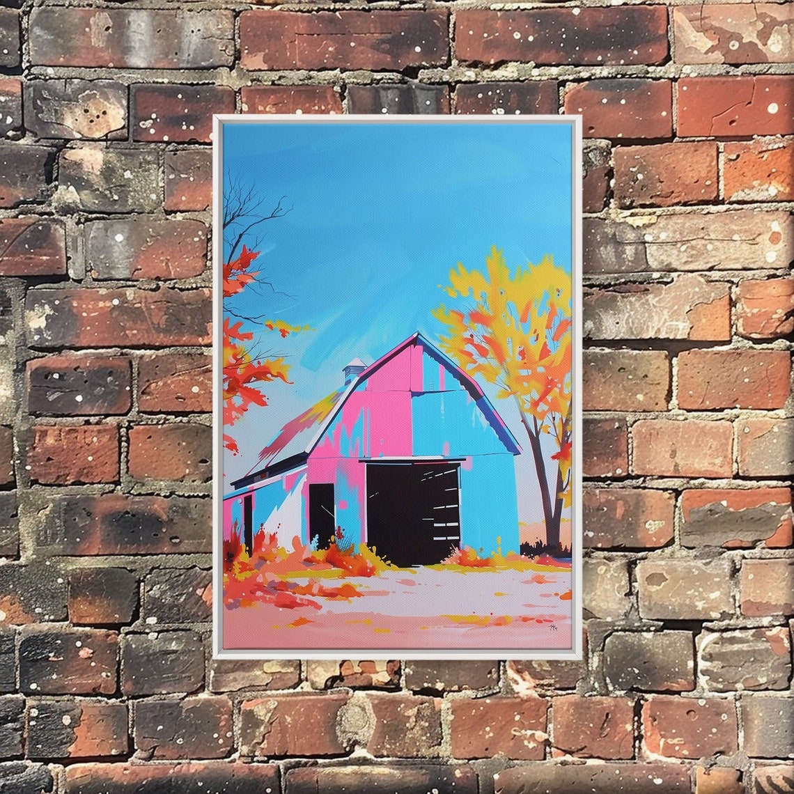 Colorful Pop Art Barn With Autumn Trees Under Blue Sky Wall Poster - Image 3