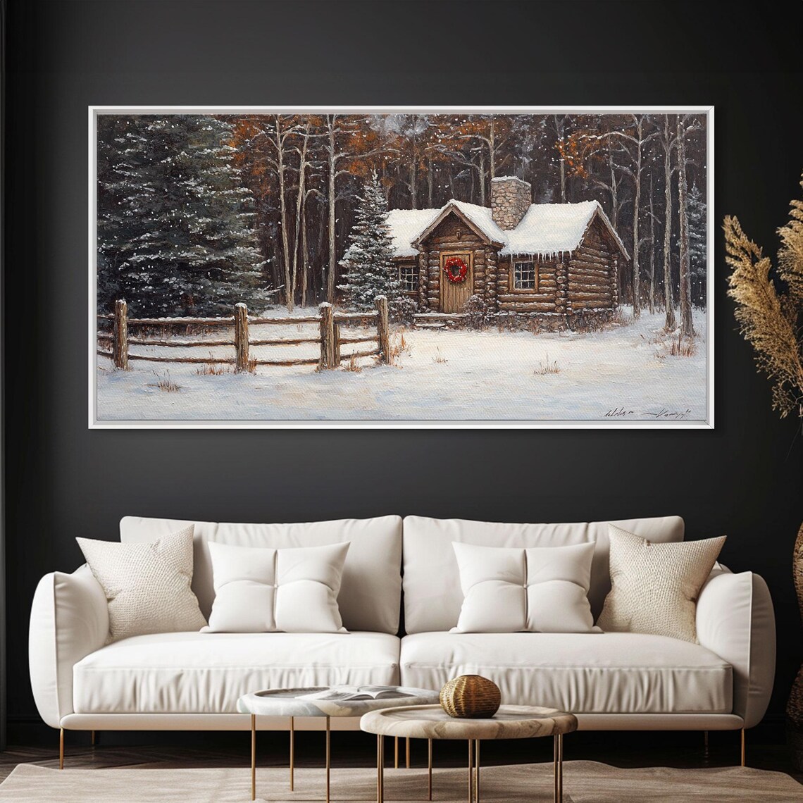 Snowy Log Cabin Christmas Art Print, Rustic Holiday - Image 3