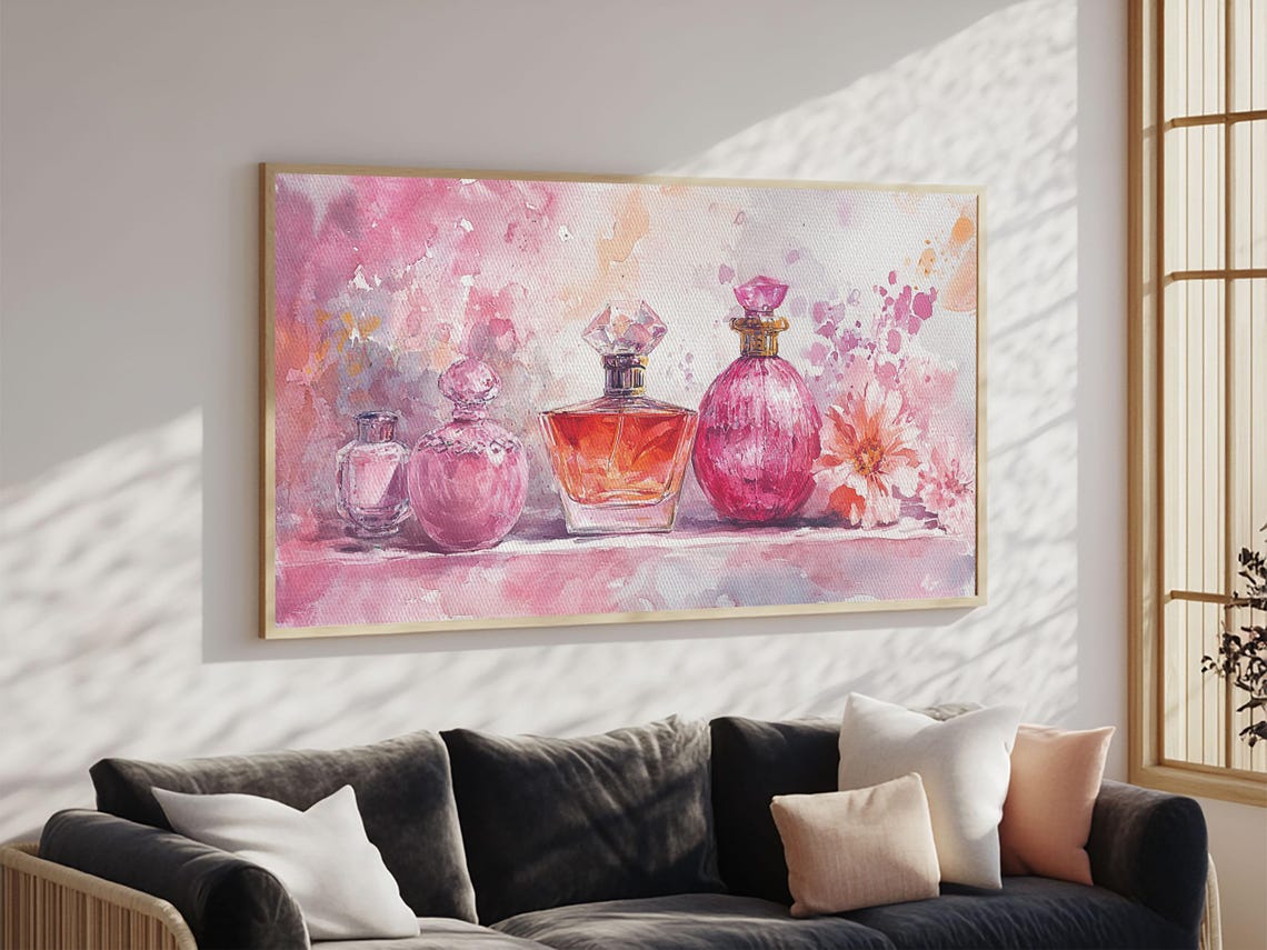 Perfume Bottles Print Feminine Pink Wall Art Whimsical Cottagecore Decor Framed Print Gift Idea Bathroom Art - Image 4