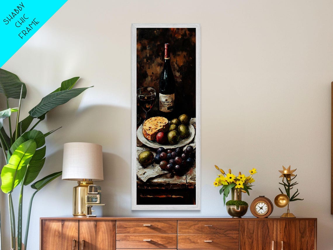Rustic Wine Bottle Cheese Fruit Still Life Dark Kitchen Art Poster