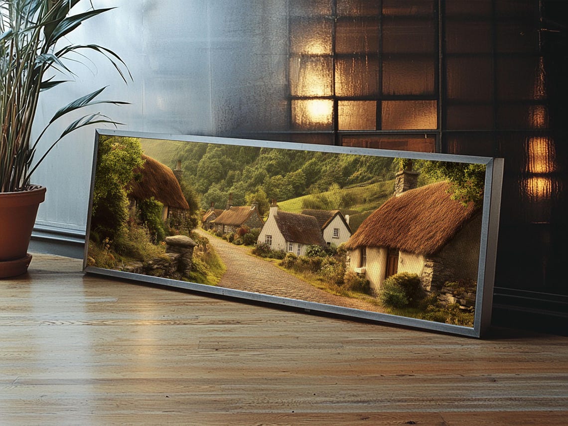 Irish Thatched Cottage Village Cobblestone Lane Panoramic Wall Poster
