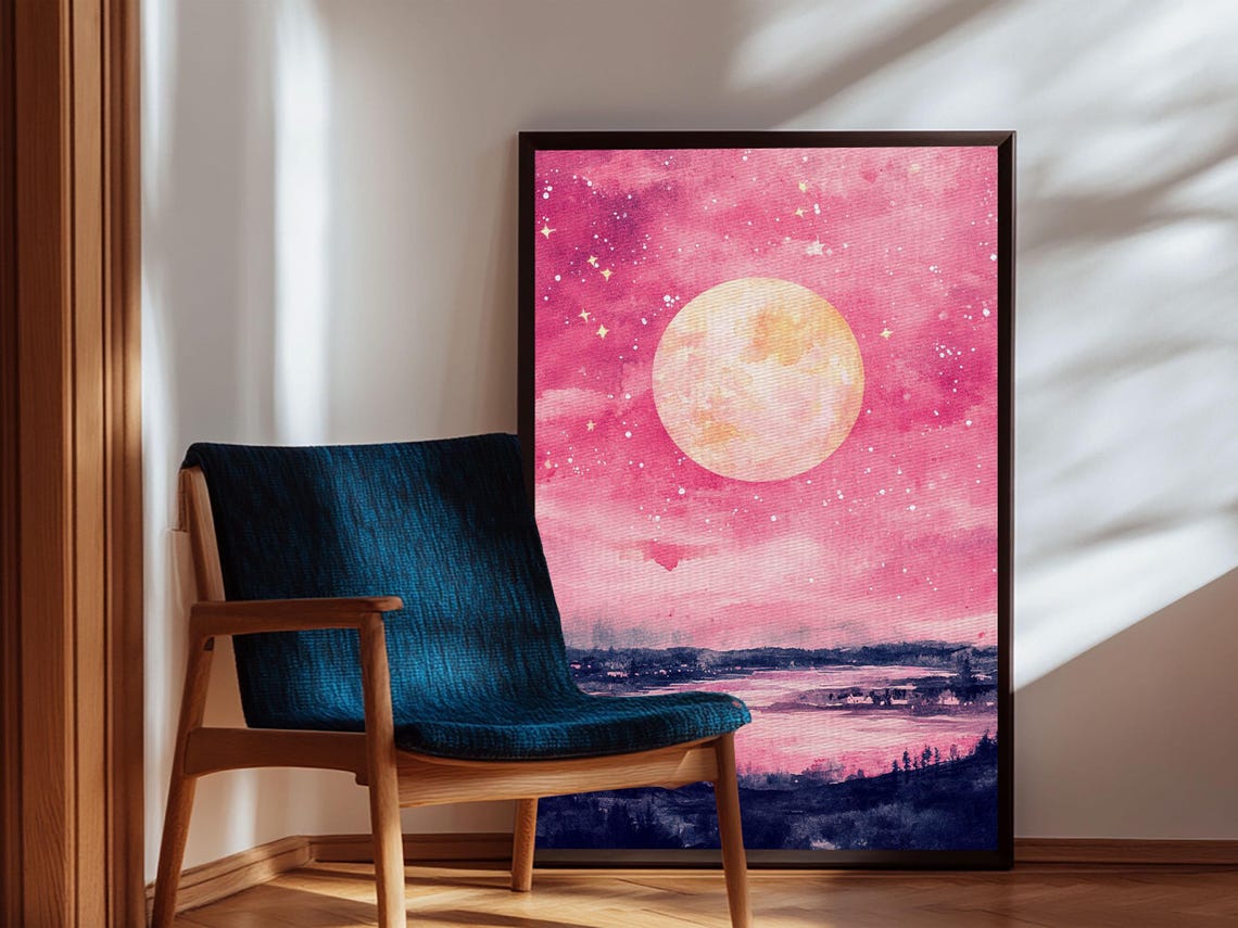 Pink Moonlit Night Lake Starry Sky Dreamy Watercolor Landscape Print - Image 3