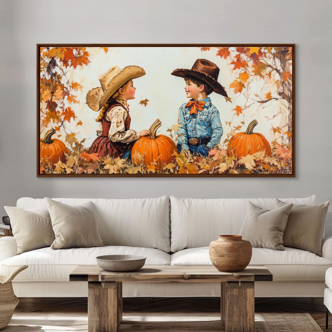 Cute Cowboy And Cowgirl In A Pumpkin Patch Framed Print 1950s Style Wall Art Nursery Decor - Image 6