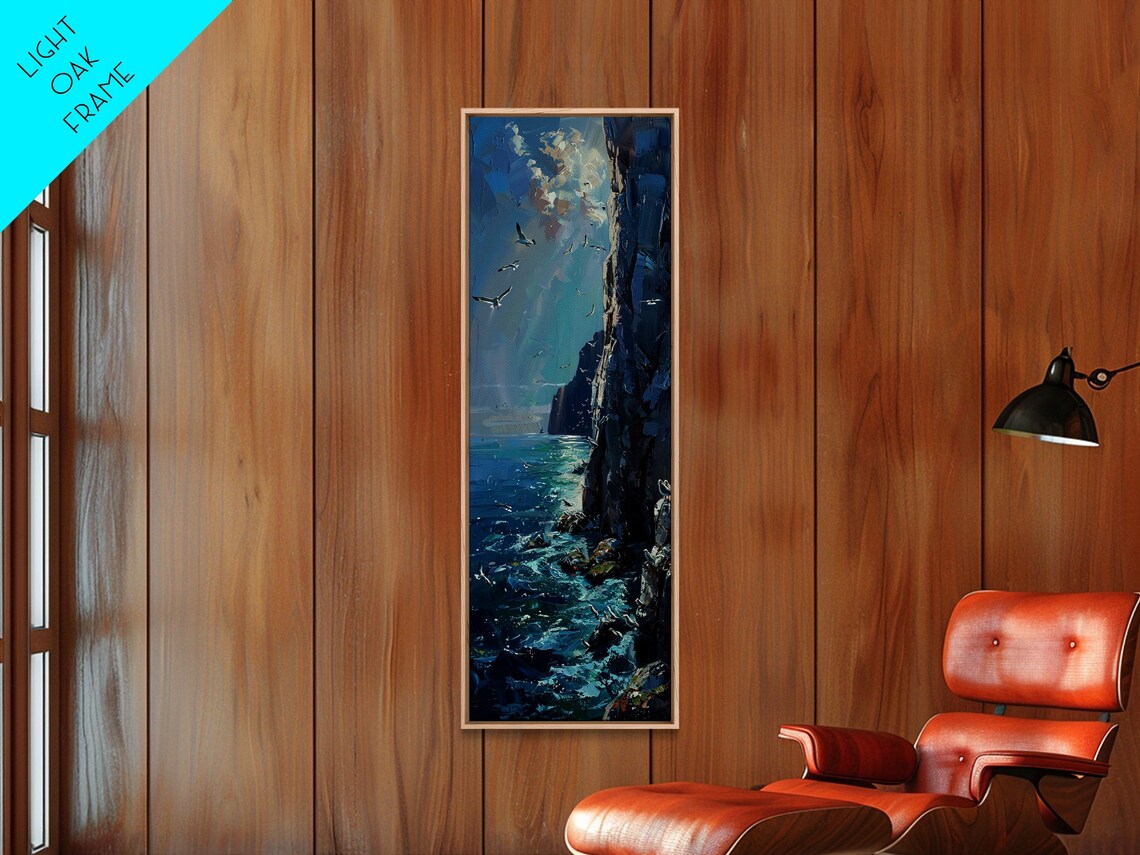 Seagulls Soaring Over Dark Ocean Cliffs Impasto Dramatic Seascape Poster - Image 3