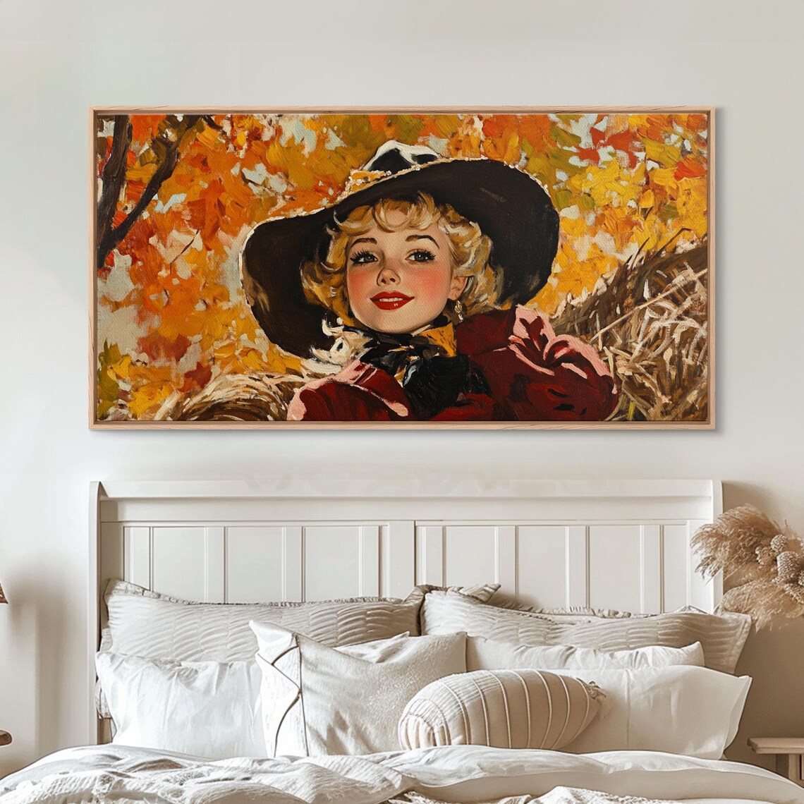 Smiling Retro Cowgirl Among Golden Fall Leaves Vintage Charm Poster
