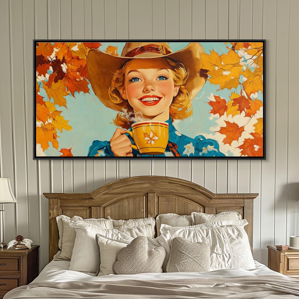 Smiling Retro Cowgirl Holding Hot Cocoa Mug Autumn Leaves Poster