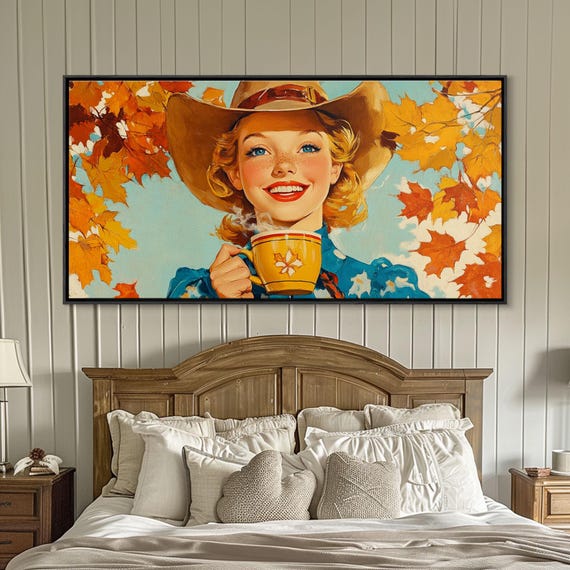 Happy Cowgirl Enjoying Hot Cocoa Framed Print Cute Fall Decor Rustic Farmhouse Wall Art Retro Style Trendy Autumn Decor