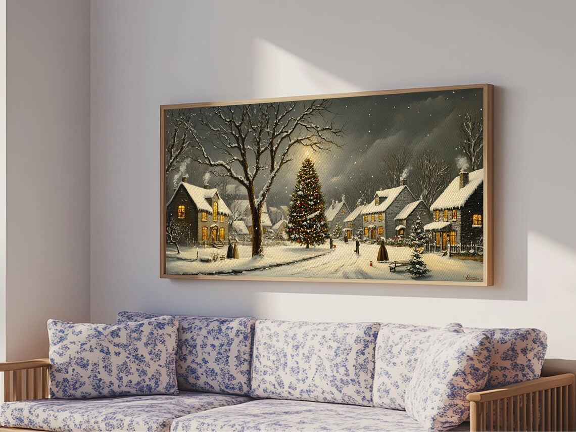 Snowy Christmas Village Night Lit Tree Falling Snow Painting Print - Image 2