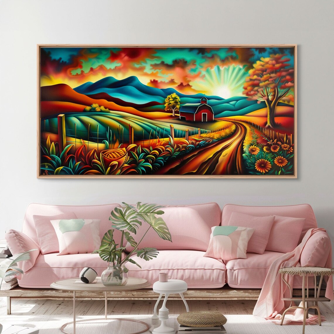 Colorful Red Barn Farm Sunrise Rolling Hills Folk Art Landscape Poster - Image 2