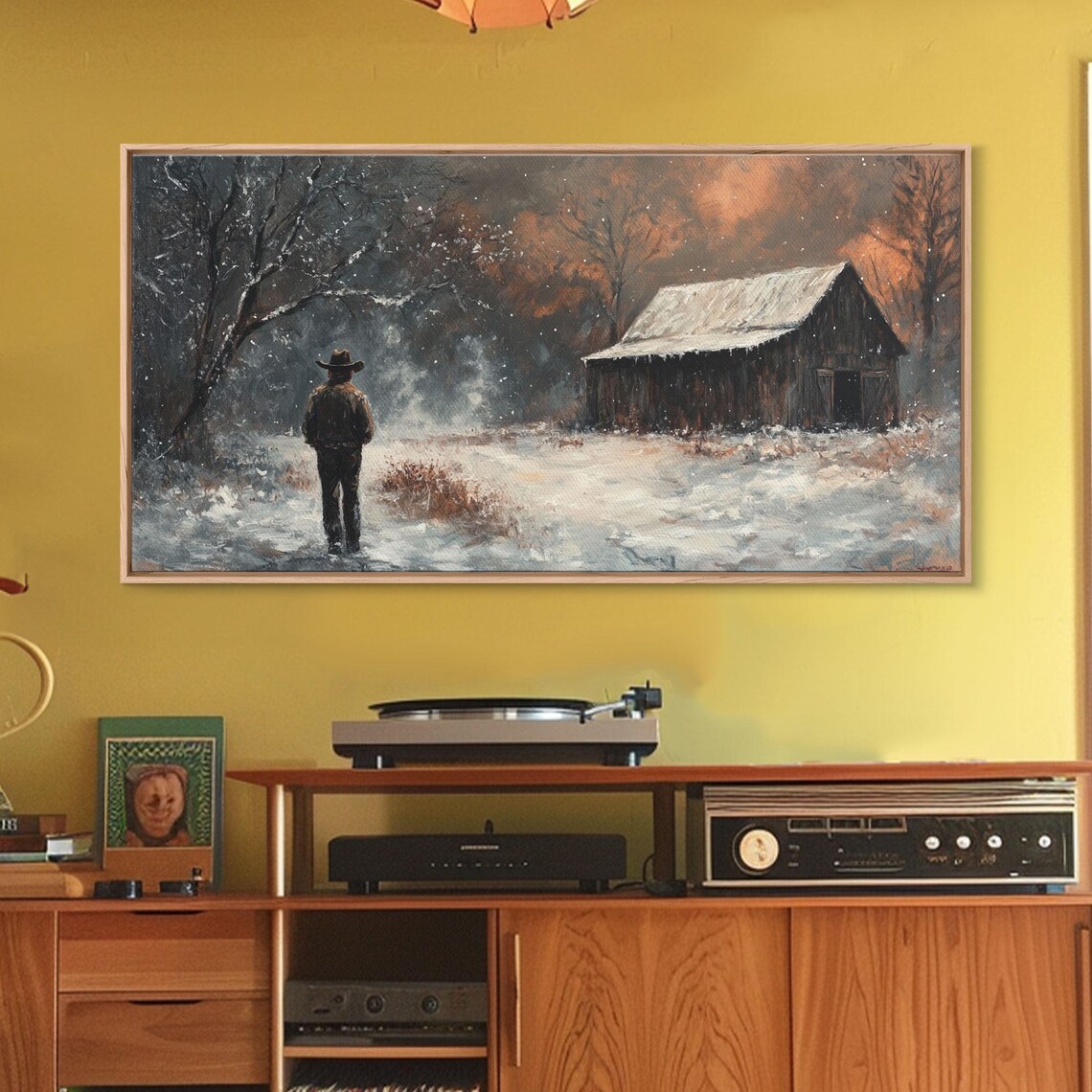Cowboy Silhouette In A Snowy Landscape By A Dark Barn Art Print