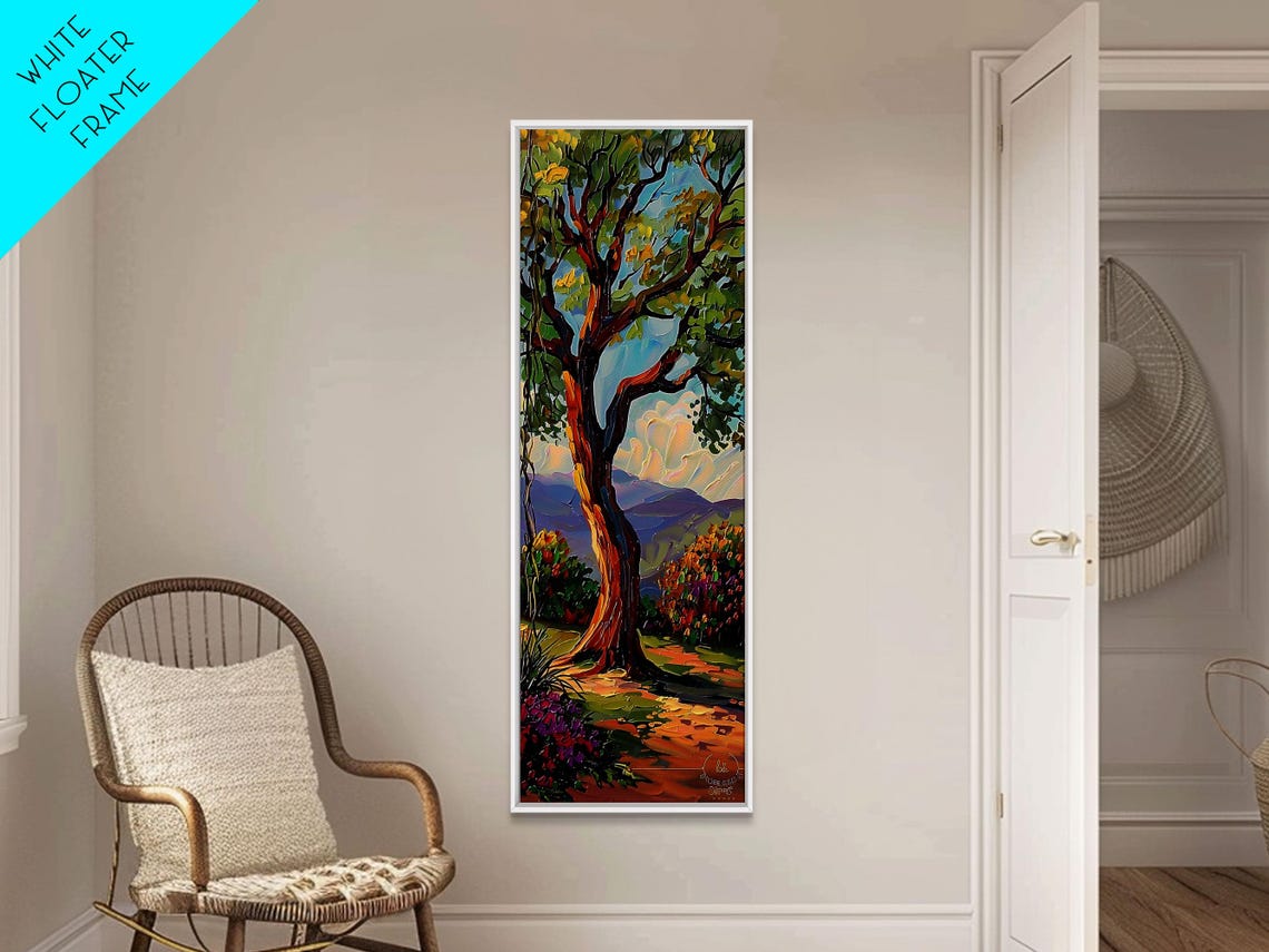 Gnarled Oak Tree On Mountain Path With Wildflowers Impasto View Poster - Image 3