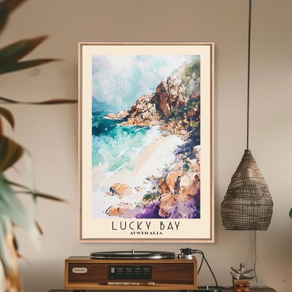 Lucky Bay Australia Rocky Headlands White Sand Surf Watercolor Poster