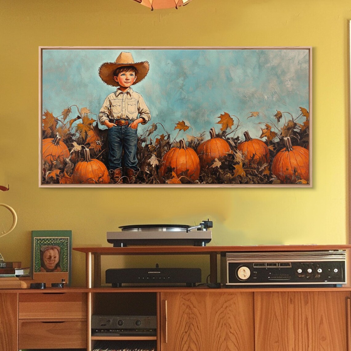 Little Cowboy In Big Hat Standing Among Pumpkins Fall Patch Retro Poster