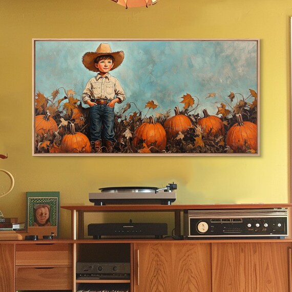 Little Cowboy In Big Hat Standing Among Pumpkins Fall Patch Retro Poster